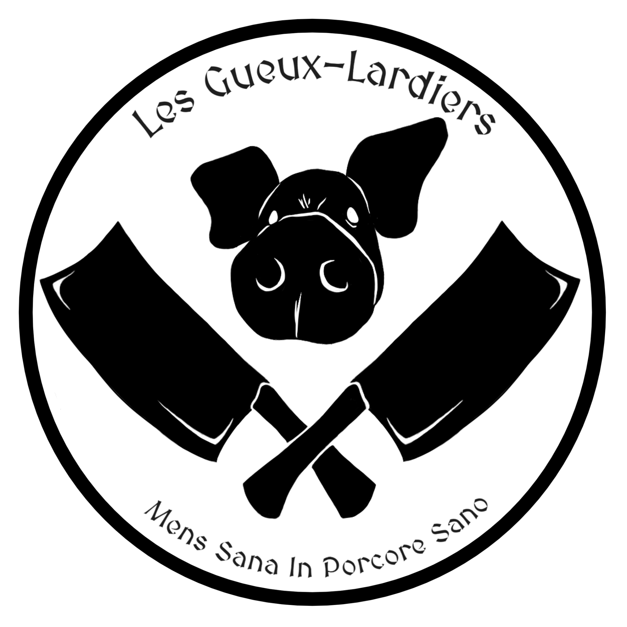 Logo des Gueux-Lardiers : une tête de cochon et deux couperets croisés, avec la devise Mens Sana In Porcore Sano